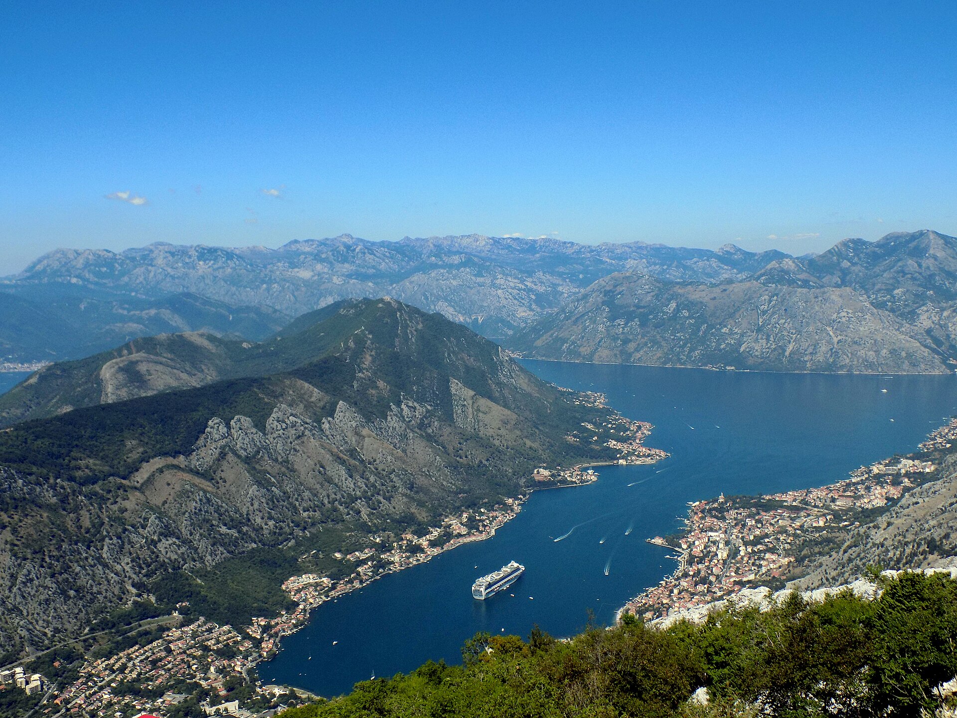 Aerial view of the Bay of Kotor winding between Montenegro's coastal mountains and towns.